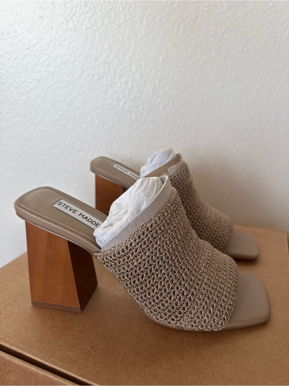 Steve Madden Taupe Knit Block Heel Mules with Wooden Heel NIB